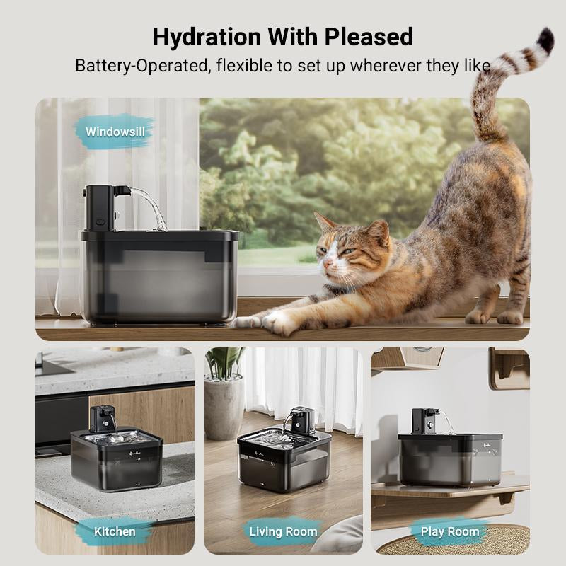 Downypaws Battery Operated Cat Water Fountain Stainless Steel, 84Oz/2.5L Fursink Wireless Pet Water Fountain for Cats Inside, Fountain for Small Dog, Automatic Dog Water Dispenser, Pet Water Bowl, Quiet Pump, Bpa-Free, Christmas Gift